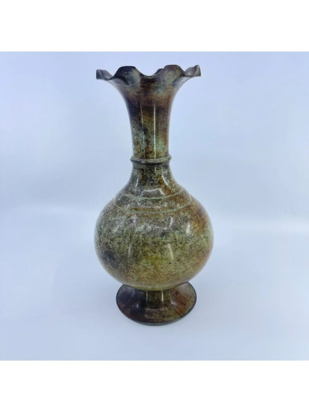 vintage patinated brass vase with fluted rim rustic style